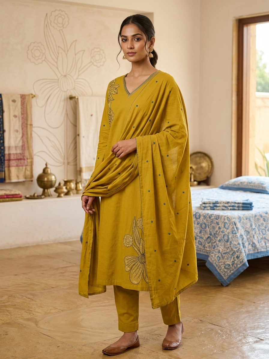 Mustard Yellow Floral Embroidered Kurta Set with Dupatta | Festive Ethnic Wear