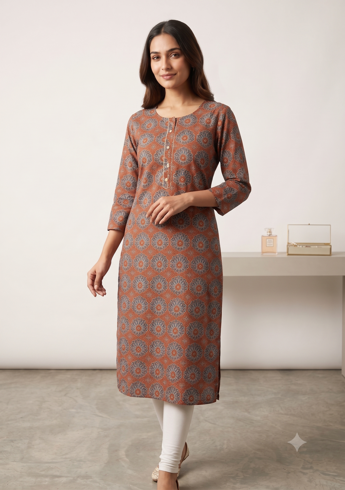 Rust medallion print straight kurti with button placket and 3/4 sleeves — front view