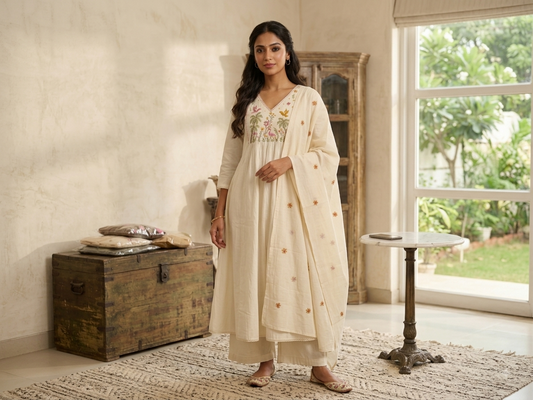 Cream Floral Embroidered Kurta Set with Dupatta | Festive Ethnic Wear
