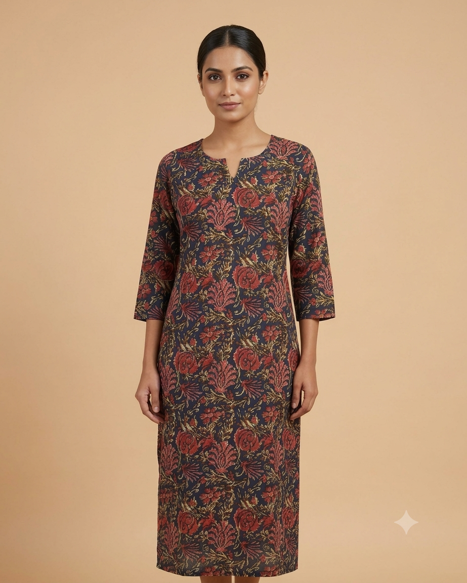 Dark Floral Kalamkari Straight Kurti | Cotton Blend