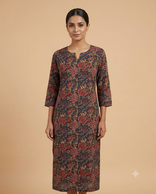Dark Floral Kalamkari Straight Kurti | Cotton Blend