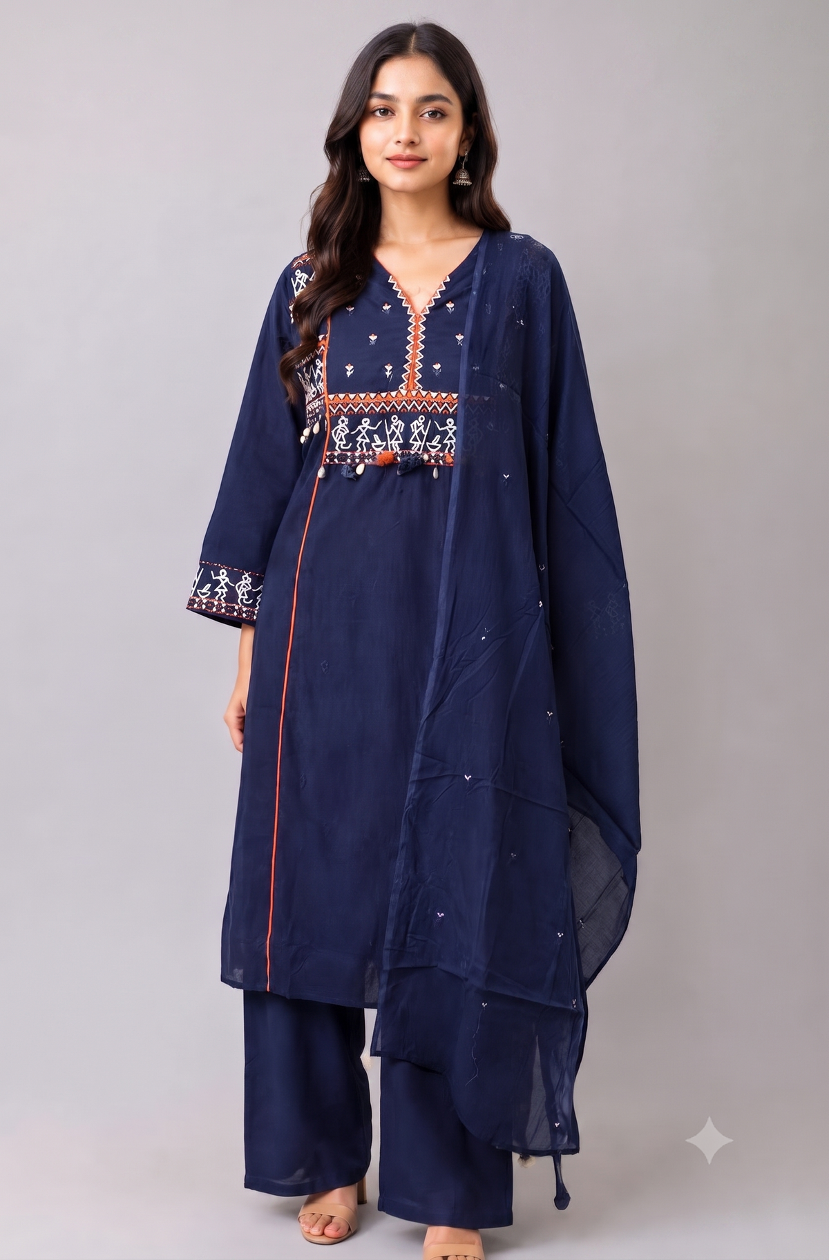 Navy Blue Warli Embroidered Kurta Set with Palazzo & Dupatta
