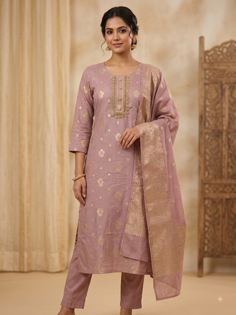 Mauve Banarasi Silk Embroidered Kurta Set with Dupatta | Festive Ethnic Wear