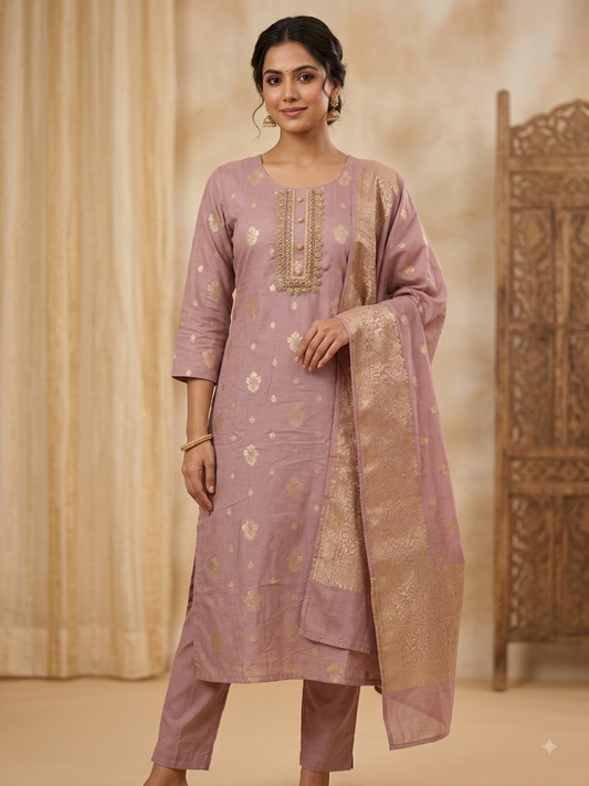 Mauve Banarasi Silk Embroidered Kurta Set with Dupatta | Festive Ethnic Wear