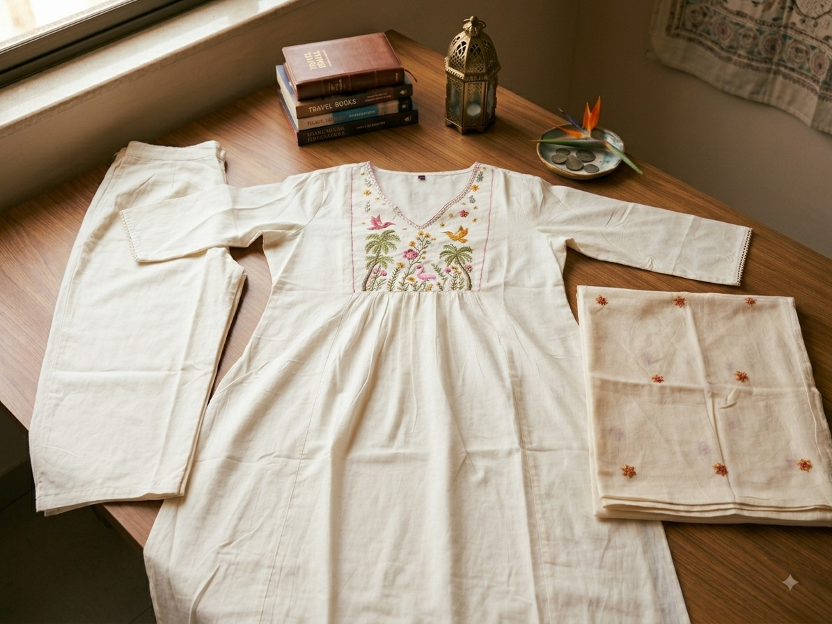 Cream Floral Embroidered Kurta Set with Dupatta | Festive Ethnic Wear