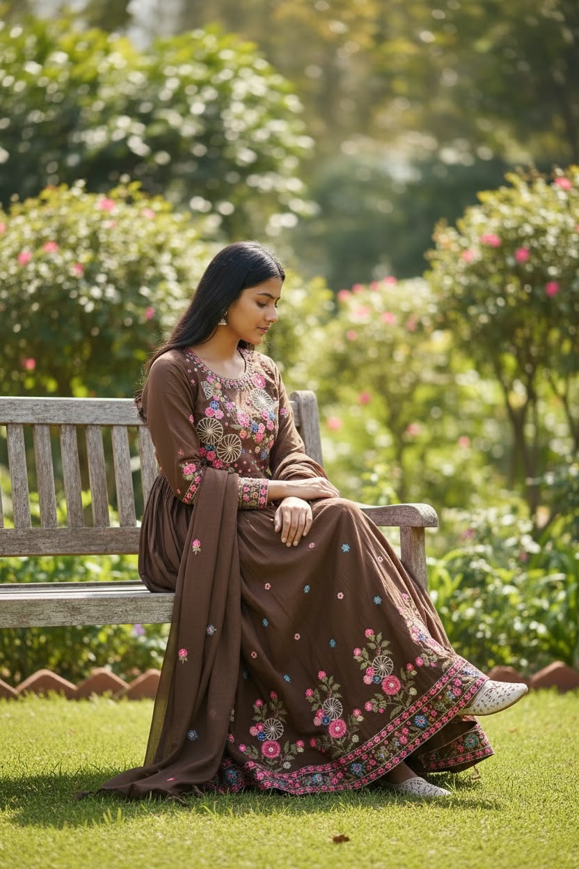 Chocolate Brown Floral Embroidered Anarkali Kurta Set with Dupatta | Festive Ethnic Wear