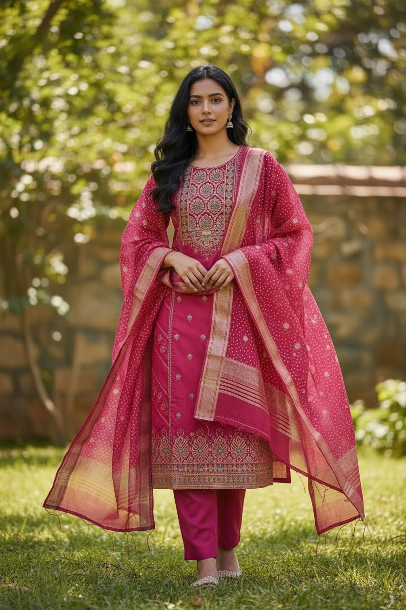 Rani Pink Banarasi Zari Embroidered Kurta Set with Bandhani Dupatta | Wedding Ethnic Wear