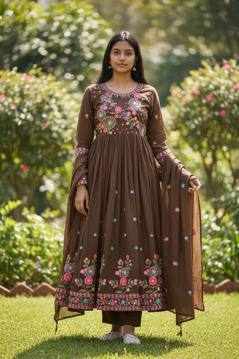 Chocolate Brown Floral Embroidered Anarkali Kurta Set with Dupatta | Festive Ethnic Wear