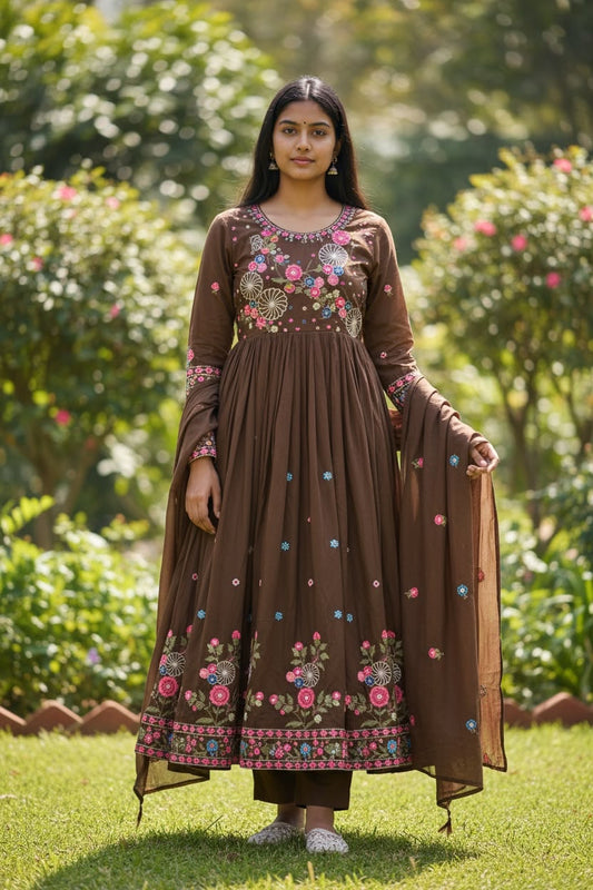 Chocolate Brown Floral Embroidered Anarkali Kurta Set with Dupatta | Festive Ethnic Wear