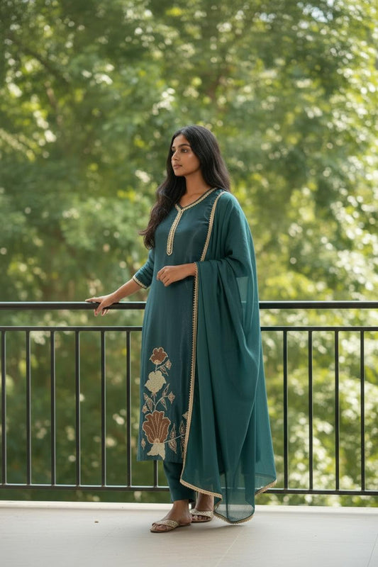 Teal Green Silk Embroidered Kurta Set with Dupatta | Wedding Ethnic Wear