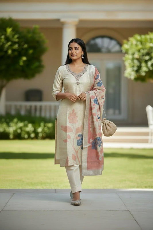 Cream Floral Handcrafted Kurta Set with Pink Dupatta | Festive Ethnic Wear