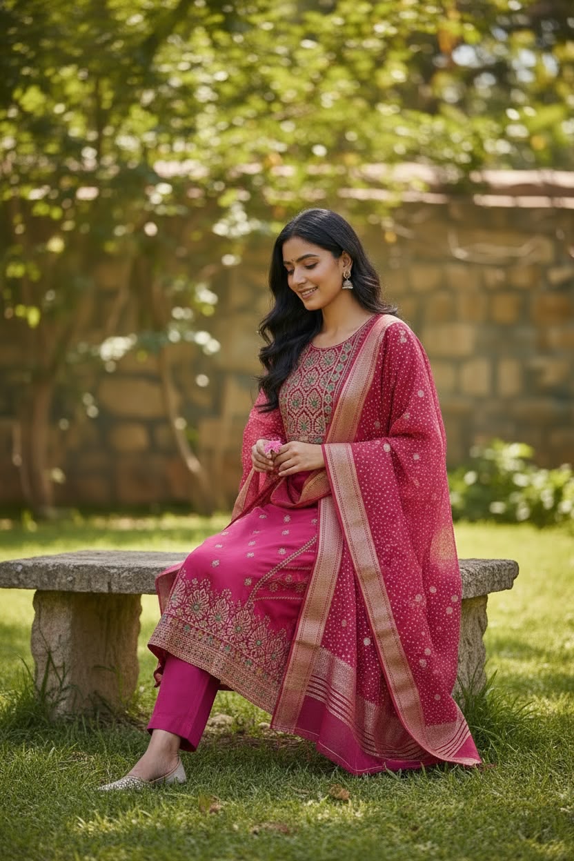 Rani Pink Banarasi Zari Embroidered Kurta Set with Bandhani Dupatta | Wedding Ethnic Wear
