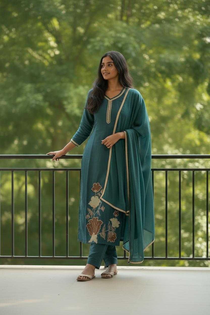 Teal Green Silk Embroidered Kurta Set with Dupatta | Wedding Ethnic Wear