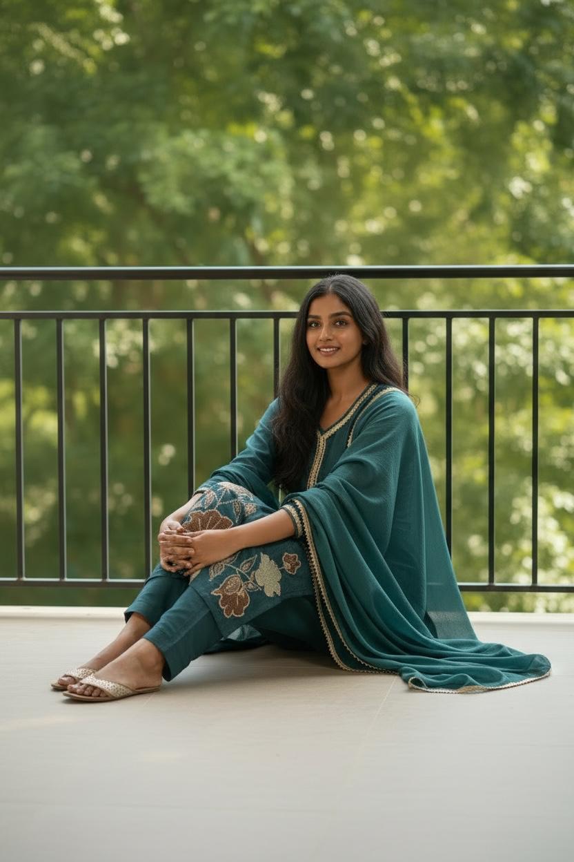 Teal Green Silk Embroidered Kurta Set with Dupatta | Wedding Ethnic Wear