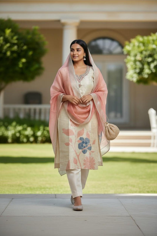 Cream Floral Handcrafted Kurta Set with Pink Dupatta | Festive Ethnic Wear